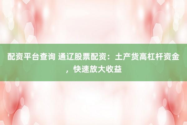 配资平台查询 通辽股票配资：土产货高杠杆资金，快速放大收益